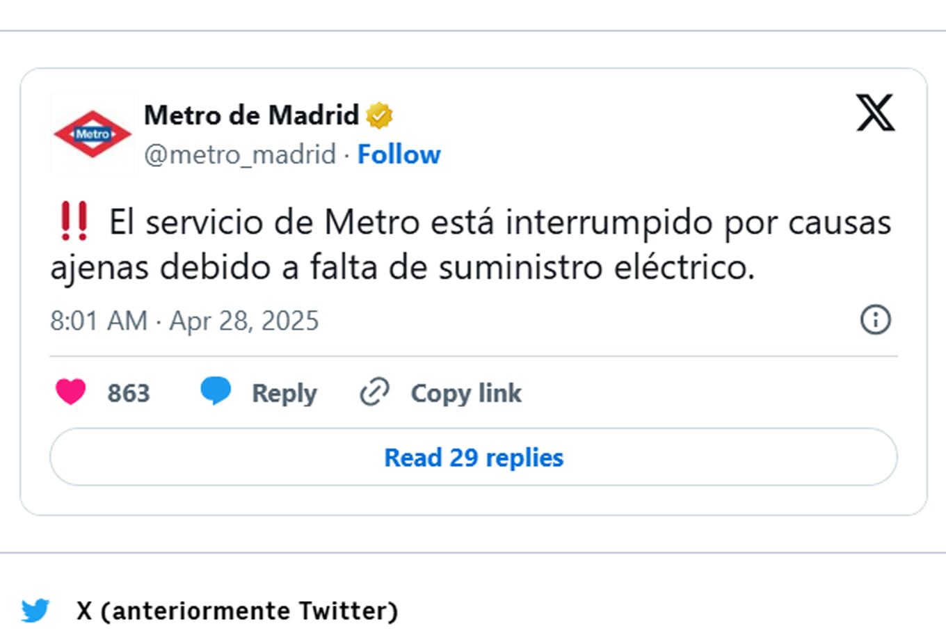 Apagón en España y Portugal. Captura de @X