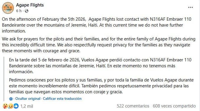 La publicación de la organización Agape Flights sobre la pérdida de la comunicación con el avión