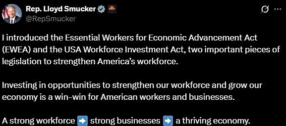El representante Lloyd Smucker ha reintroducido una legislación para fortalecer la fuerza laboral estadounidense