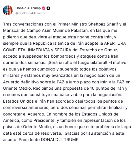 El posteo de Donald Trump en Truth Social donde anunció un cese al fuego temporal