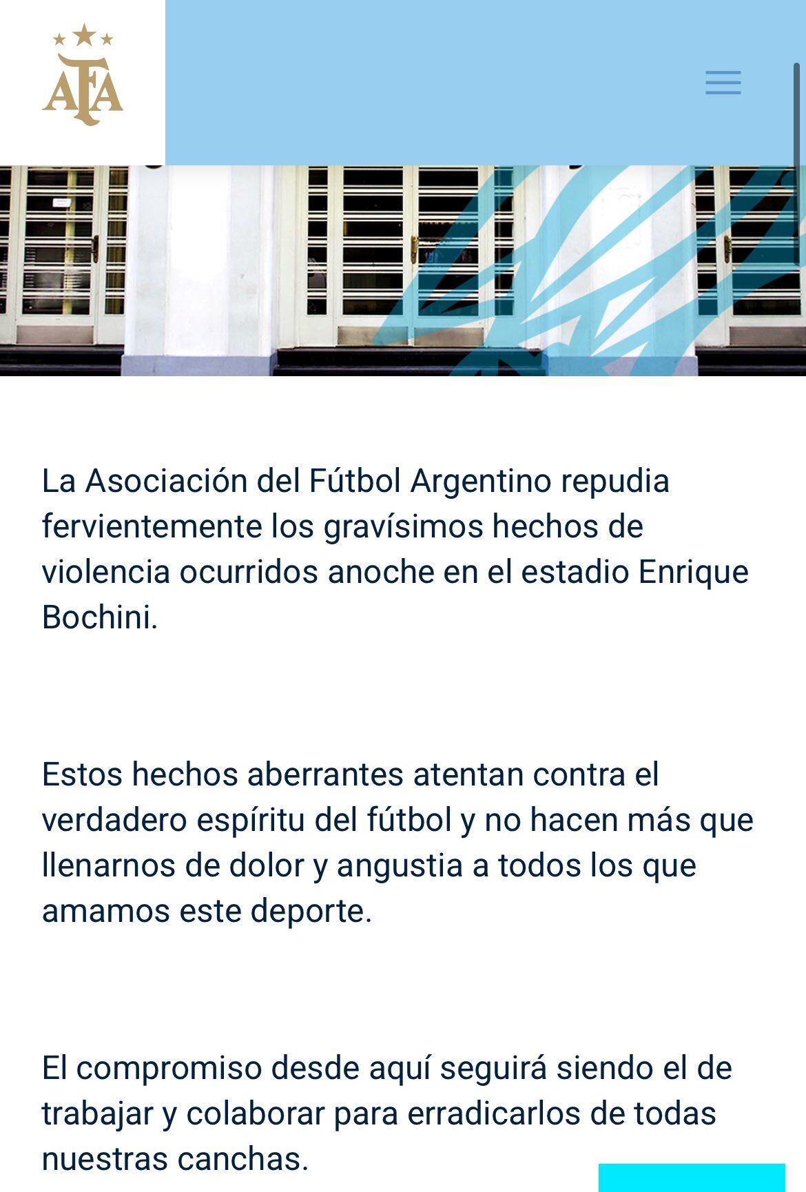 El comunicado de la AFA, el día después de los incidentes en Independiente vs. U de Chile