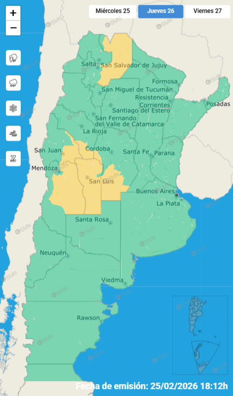 Las alertas emitidas por el SMN para este jueves 26 de febrero