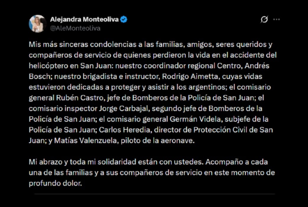 La ministra de Seguridad nacional, Alejandra Monteoliva, se solidarizó con la familia de las víctimas