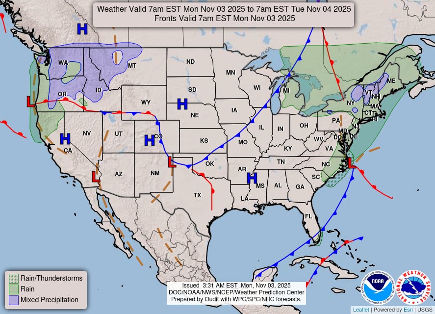 Un frente frío cruzará los Grandes Lagos y el noreste, lo que generará lluvias intermitentes y ráfagas de viento de 25-35 mph (40-56 km/h)