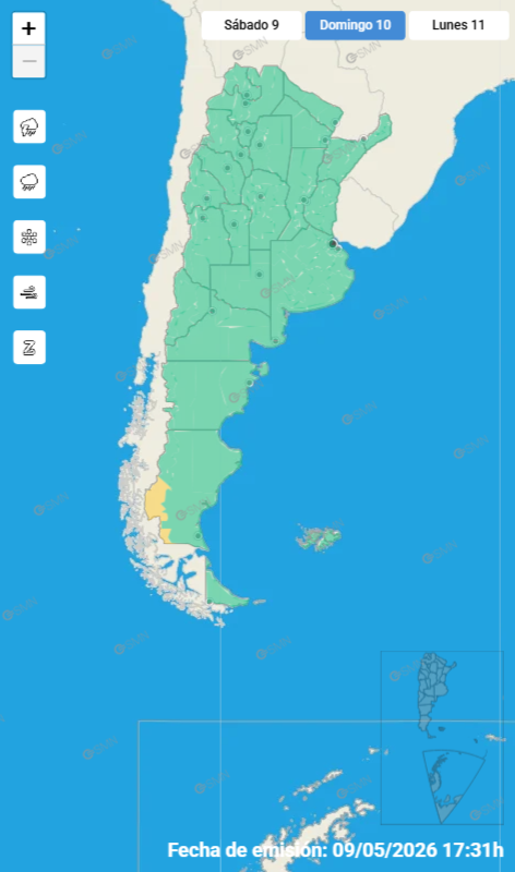 Las alertas emitidas por el SMN para este domingo 10 de mayo