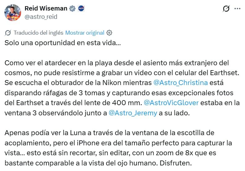 El posteo de Reid Wiseman sobre el video que grabó