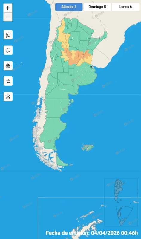 Mapa de alertas para este sábado 4 de abril