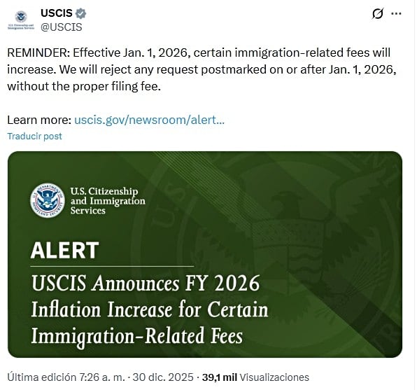 La agencia recordó que este 1° de enero de 2026 entrará en vigor un aumento de tarifas para ciertos trámites