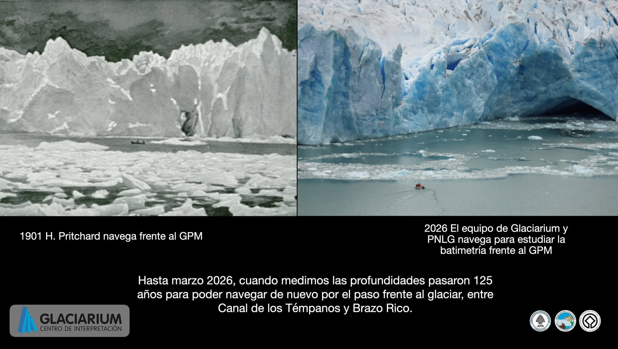 Imagenes comparativas del glaciar Perito Moreno, entre 1901 y 2026