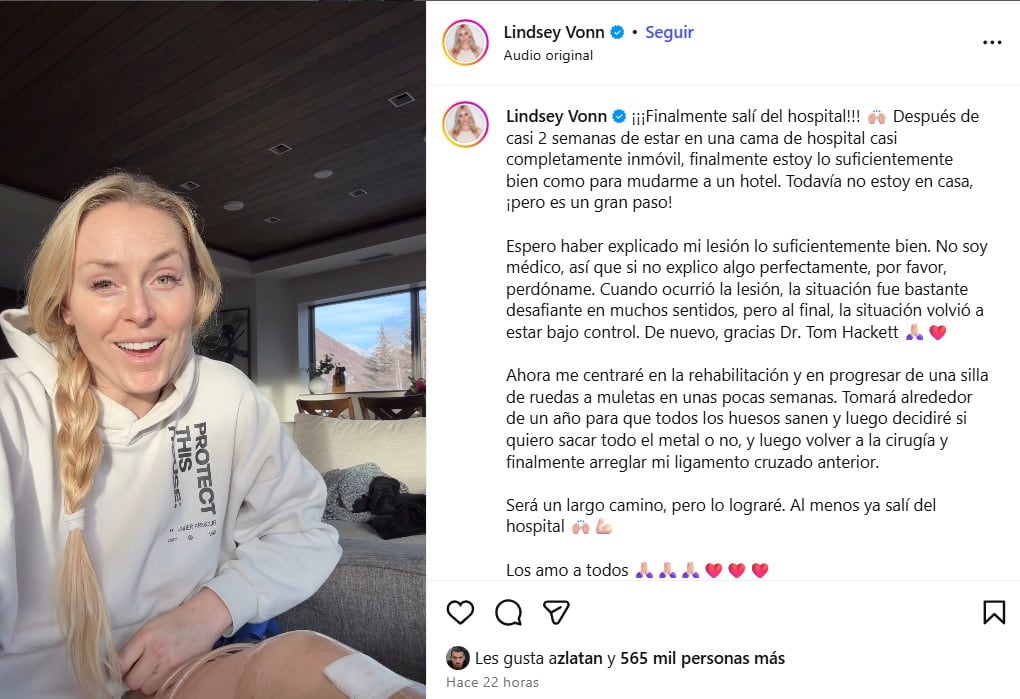 El posteo de Lindsey Vonn que trajo cierta tranquilidad a sus seguidores