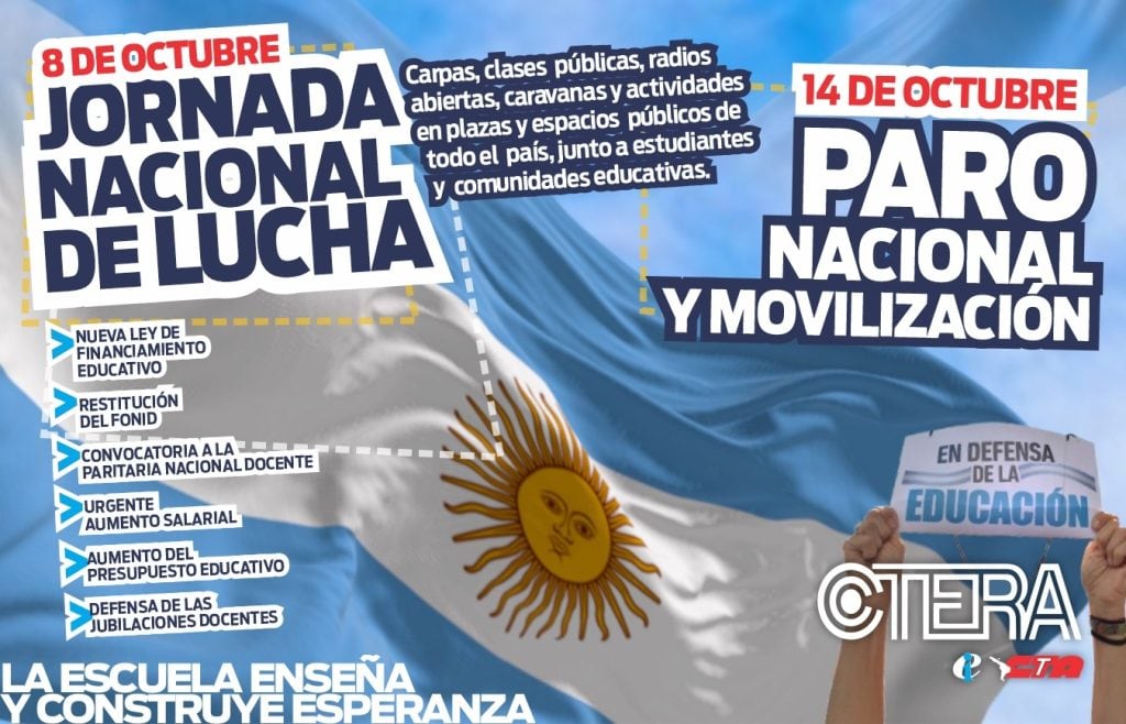 Anuncio de paro docente nacional para el martes 14 de octubre