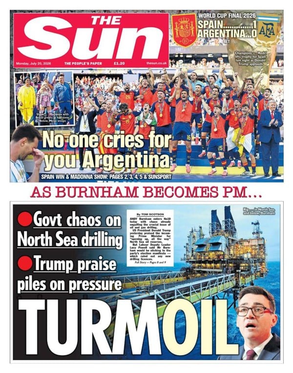 La tapa de The Sun de este lunes muestra una imagen de Messi llorando con un texto que indica