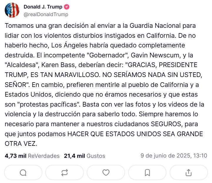 La reacción del presidente Donald Trump a las críticas por el despliegue de la Guardia Nacional en Los Angeles