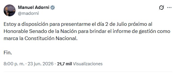 Manuel Adorni contradijo a Bullrich tras la suspensión de su informe de gestión en el Senado: “Estoy dispuesto a ir” 6 El posteo de Adorni