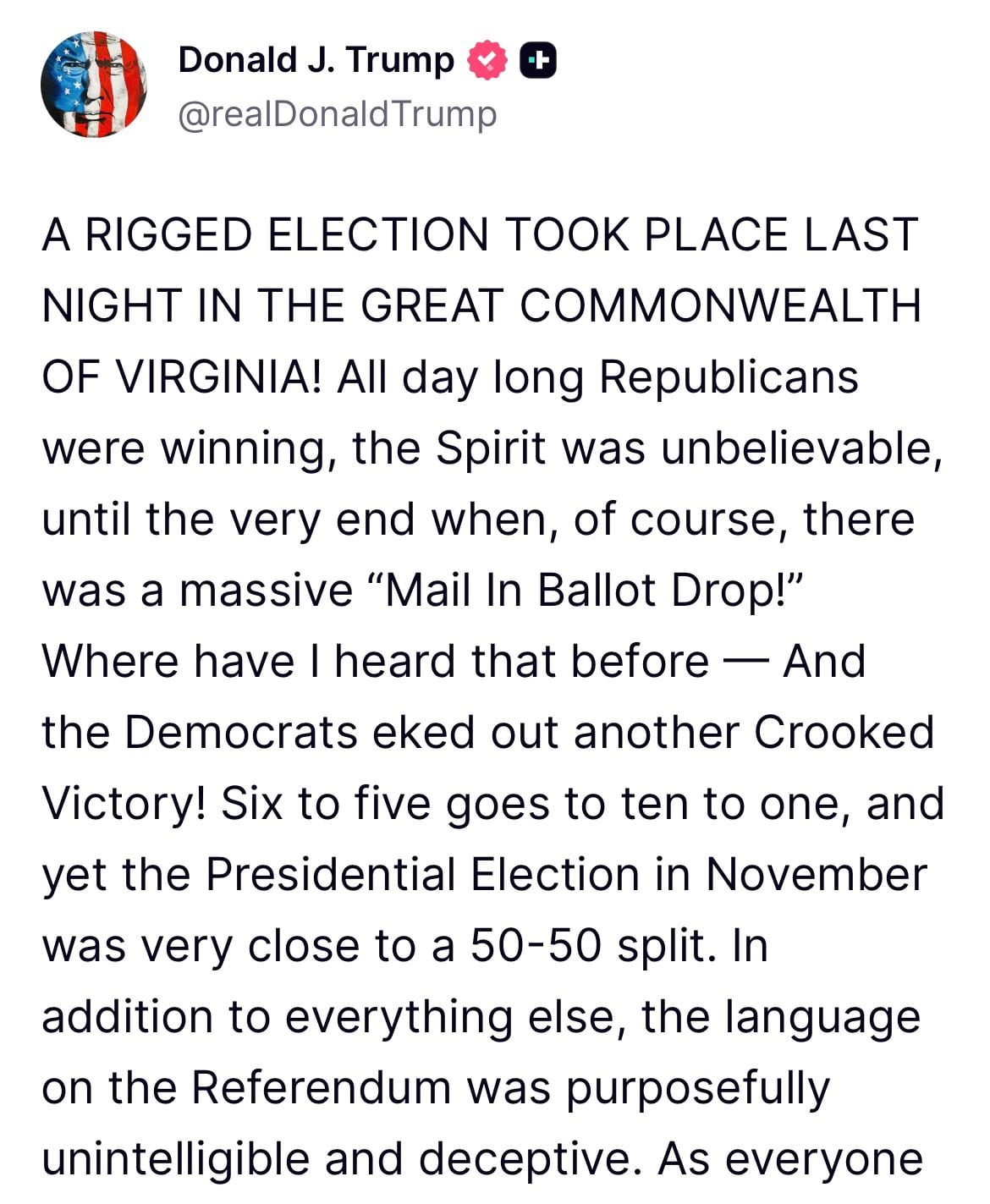 El mensaje de Donald Trump tras las votaciones en Virginia