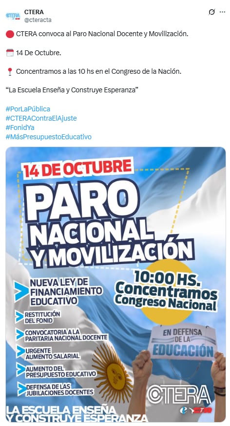Ctera convocó un paro nacional docente y movilización para el martes 14 de octubre
