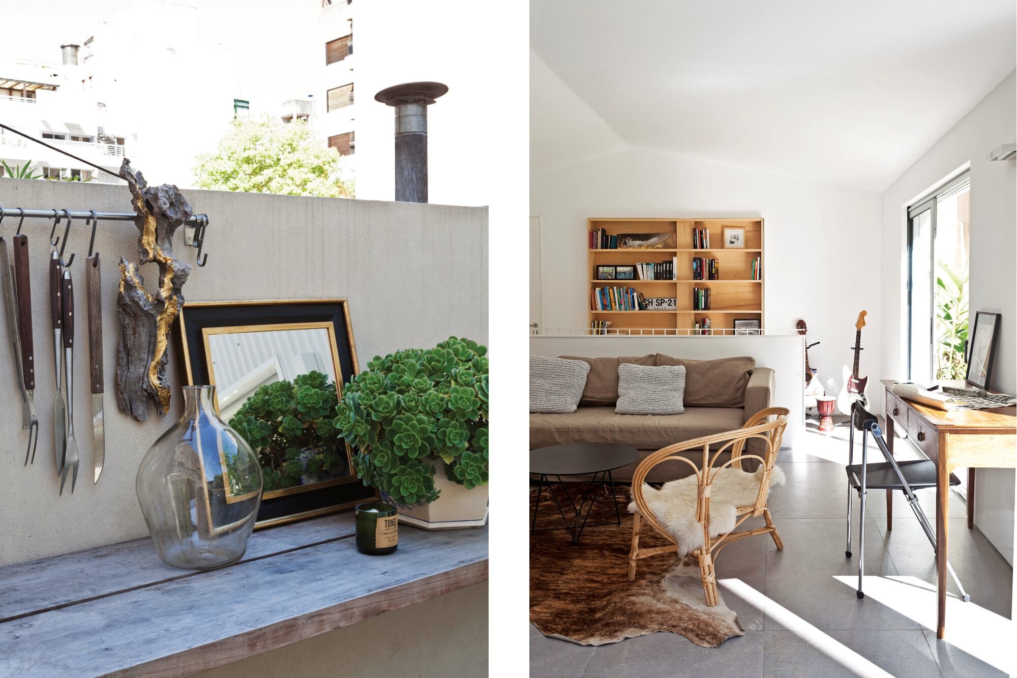 Sillón en L (Martina Correa). La biblioteca fue realizada por el carpintero del Estudio. El escritorio, un hallazgo del Mercado de Pulgas.