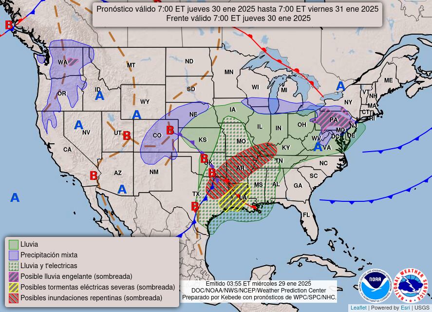 El mapa del pronóstico del clima en EE.UU. para este jueves 30 de enero
