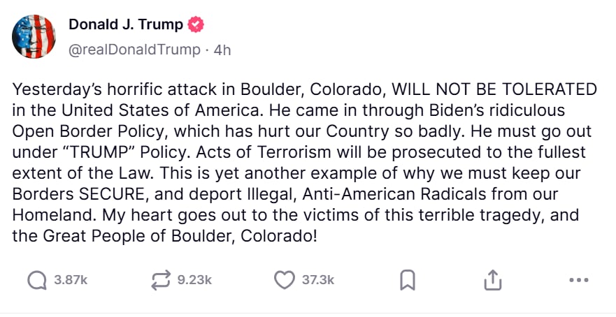 El comunicado de Donald Trump tras el acto terrorista en Colorado que dejó un saldo de ocho heridos