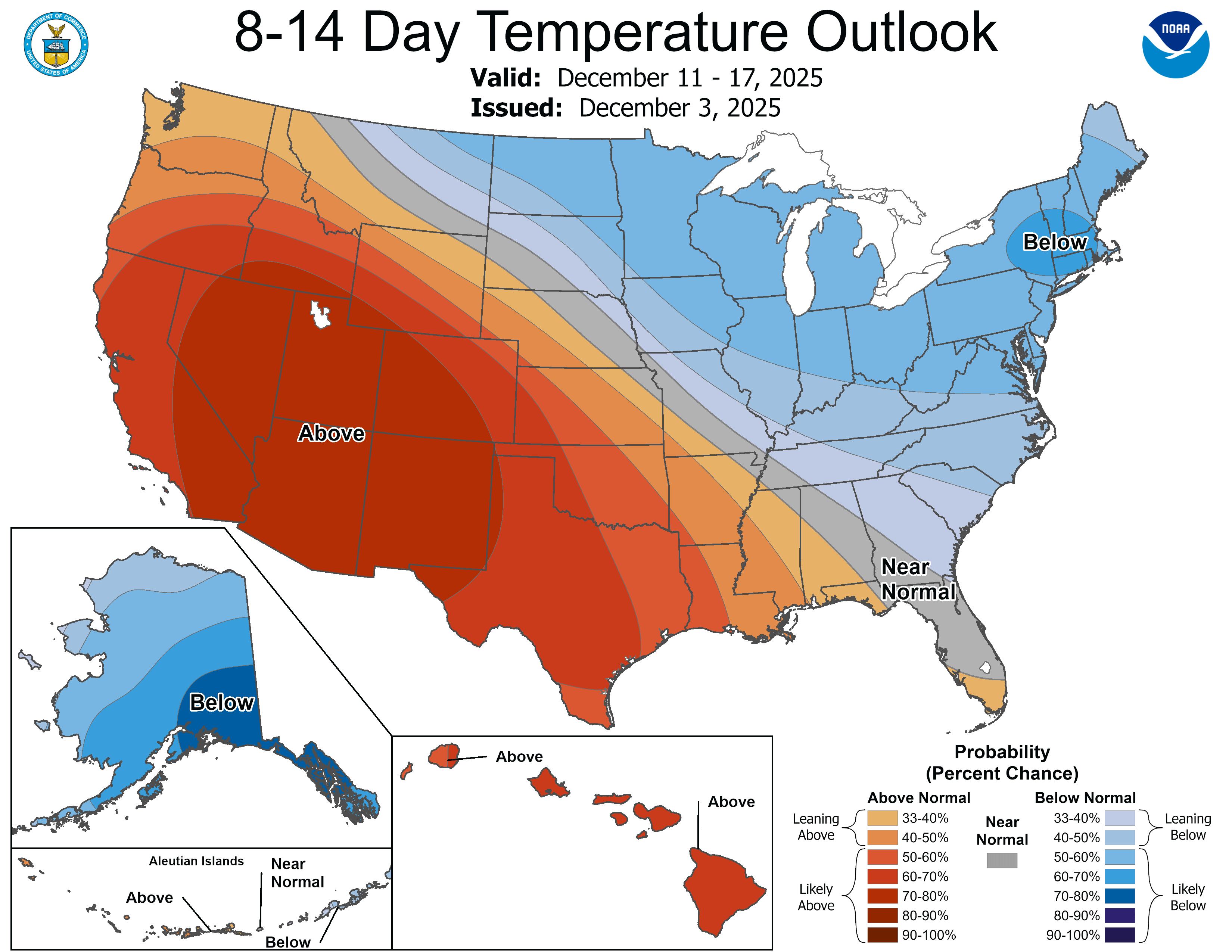 Mapa de temperaturas promedio proyectadas para los próximos 14 días