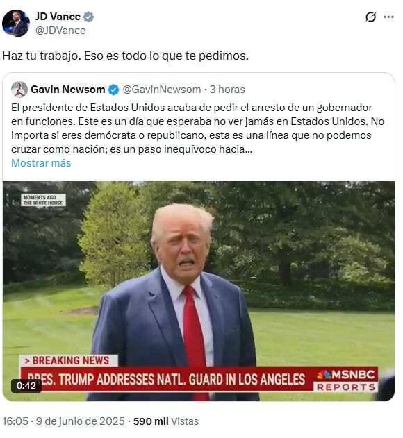 El vicepresidente de EE.UU. arremetió contra el gobernador de California en medio de las manifestaciones en Los Angeles