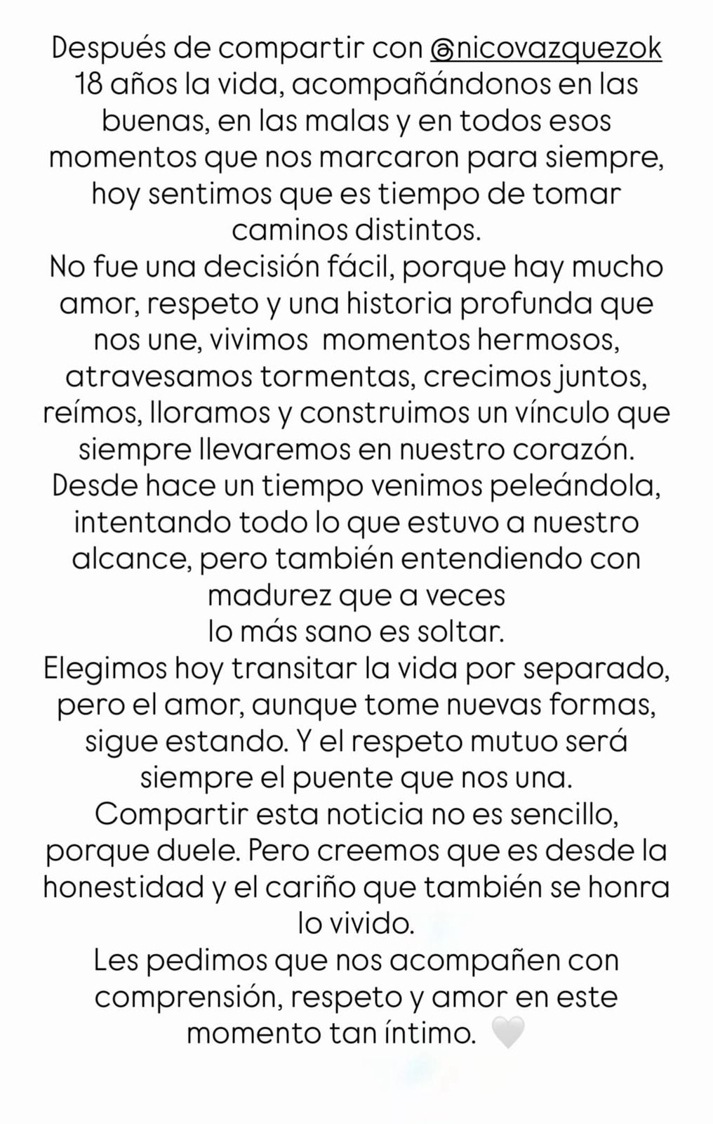 El comunicado de Gimena Accardi donde anunció su separación de Nicolás Vázquez