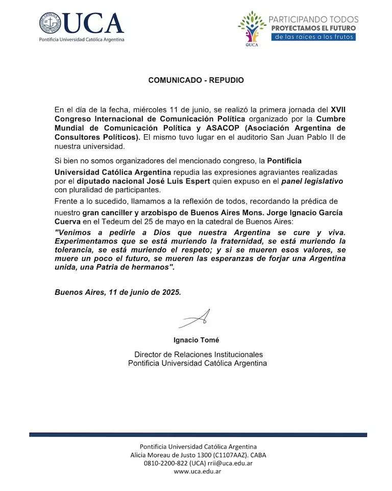 Comunicado UCA por insulto de Espert.