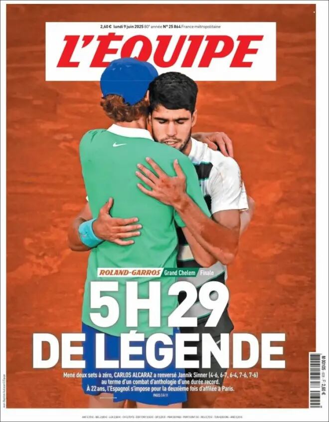 La portada de LEquipe, tras la épica victoria de Alcaraz sobre Sinner en Roland Garros 2025