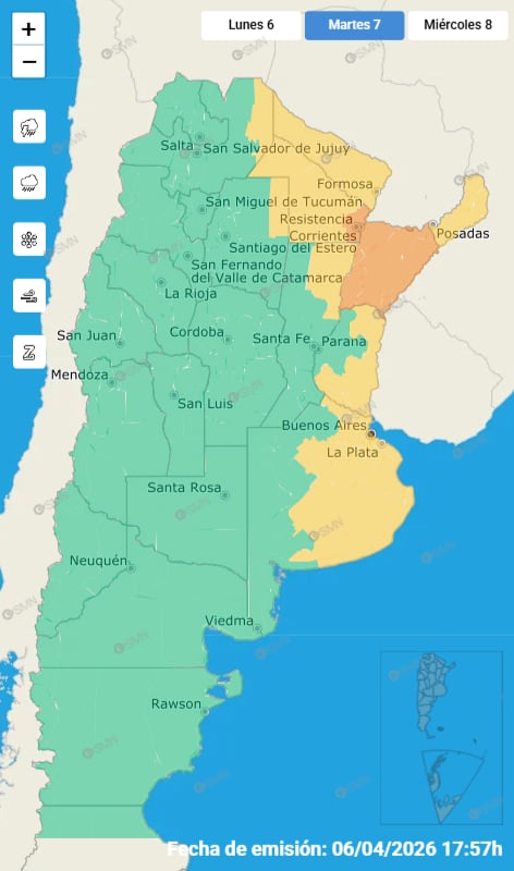 Hay alerta naranja y amarilla por tormentas, lluvias y viento para este martes 7 de abril: las provincias afectadas 6 Las alertas emitidas por el SMN para este martes 7 de abril