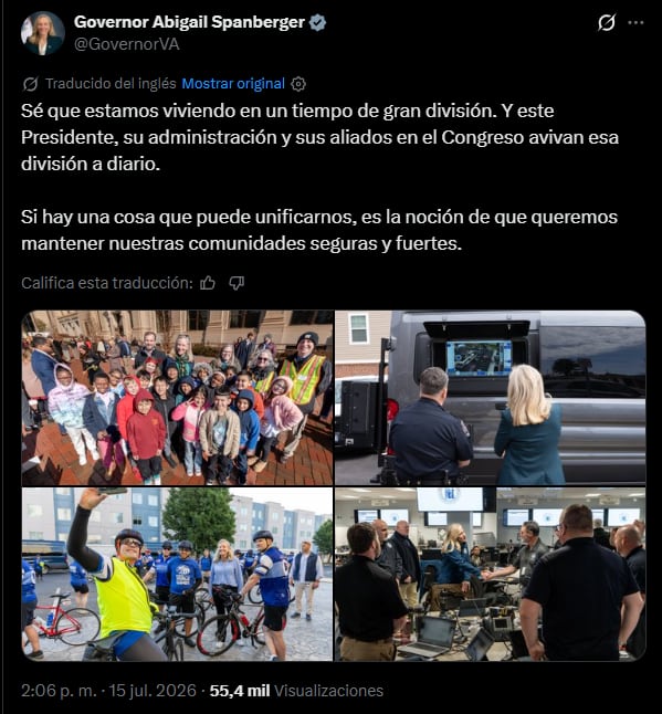 El mensaje de Spanberger en redes sociales contra la política de la administración Trump