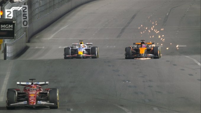 Piastri superando a Hadjar para ganar la sexta posición: una situación que llamó la atención porque el monoplaza de McLaren tenía más fricción contra el suelo de lo normal