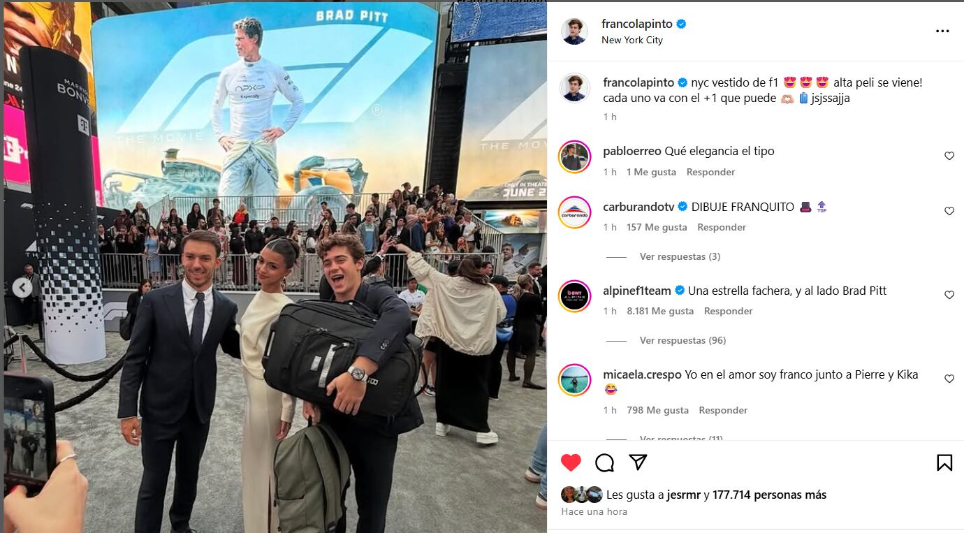 La broma de Franco Colapinto sobre su acompañante en la premiere de F1 (Foto: Captura Instagram @francolapinto)