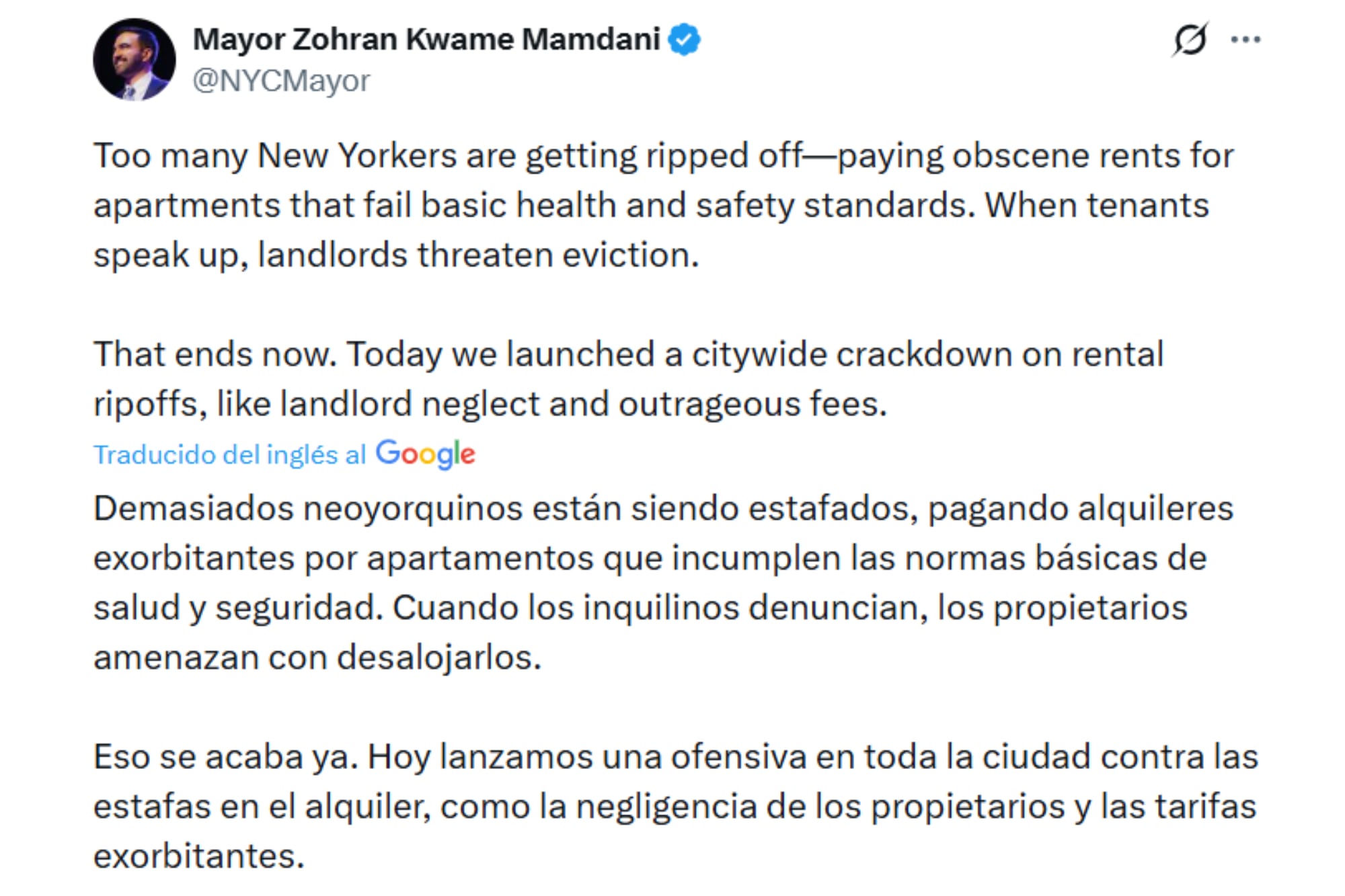 El mensaje de Zohran Mamdani sobre audiencias para encontrar incumplimientos en los alquileres de Nueva York