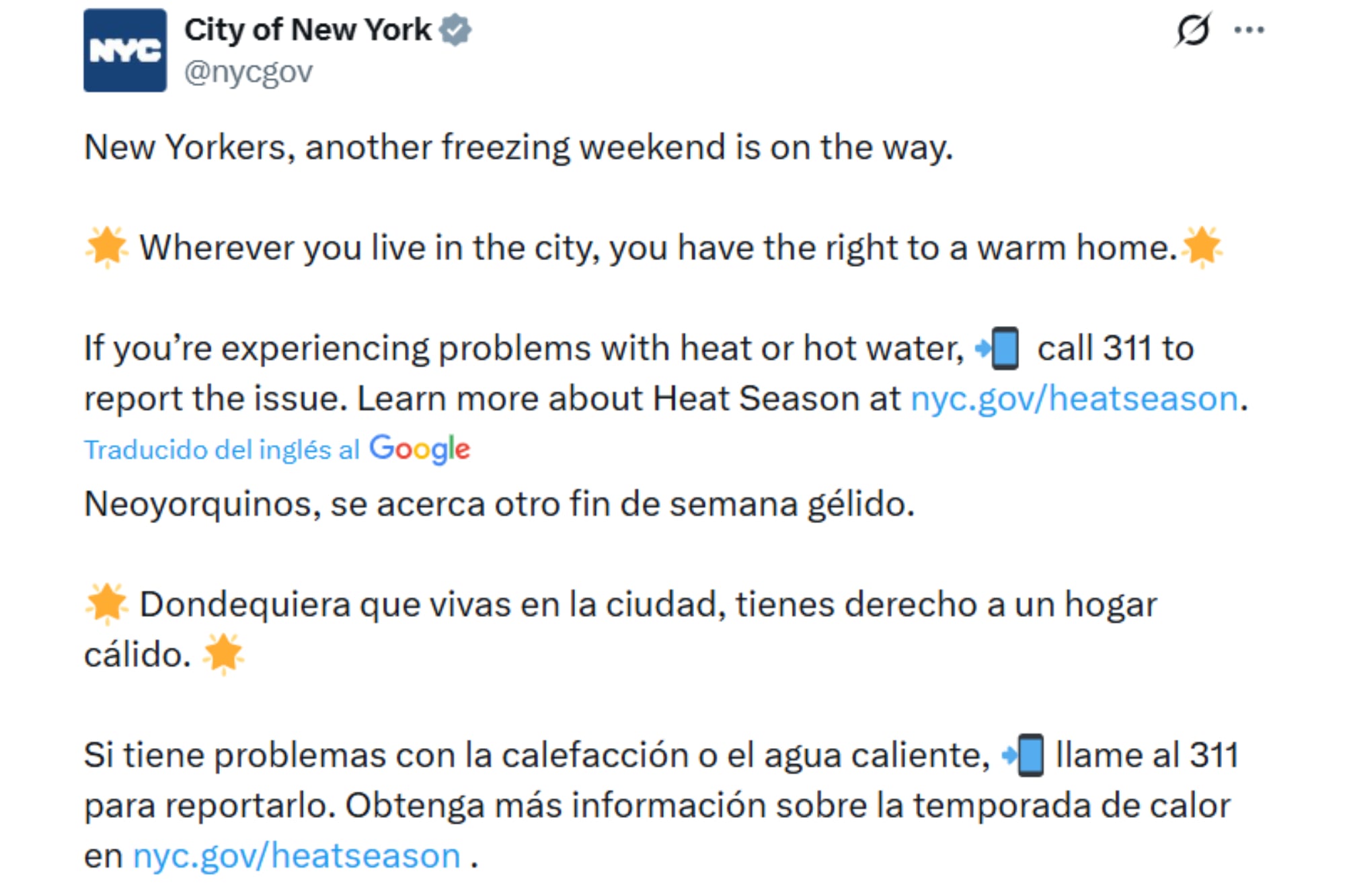 El mensaje del gobierno de la ciudad de Nueva York con la alerta de frío y el recordatorio sobre las reglas de calefacción en los apartamentos