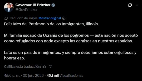 El comentario de Pritzker sobre su pasado como migrante, en el marco del Mes de la Herencia Inmigrante