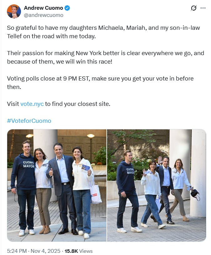 Andrew Cuomo se mostró junto a sus hijas Michaela y Mariah, más su yerno