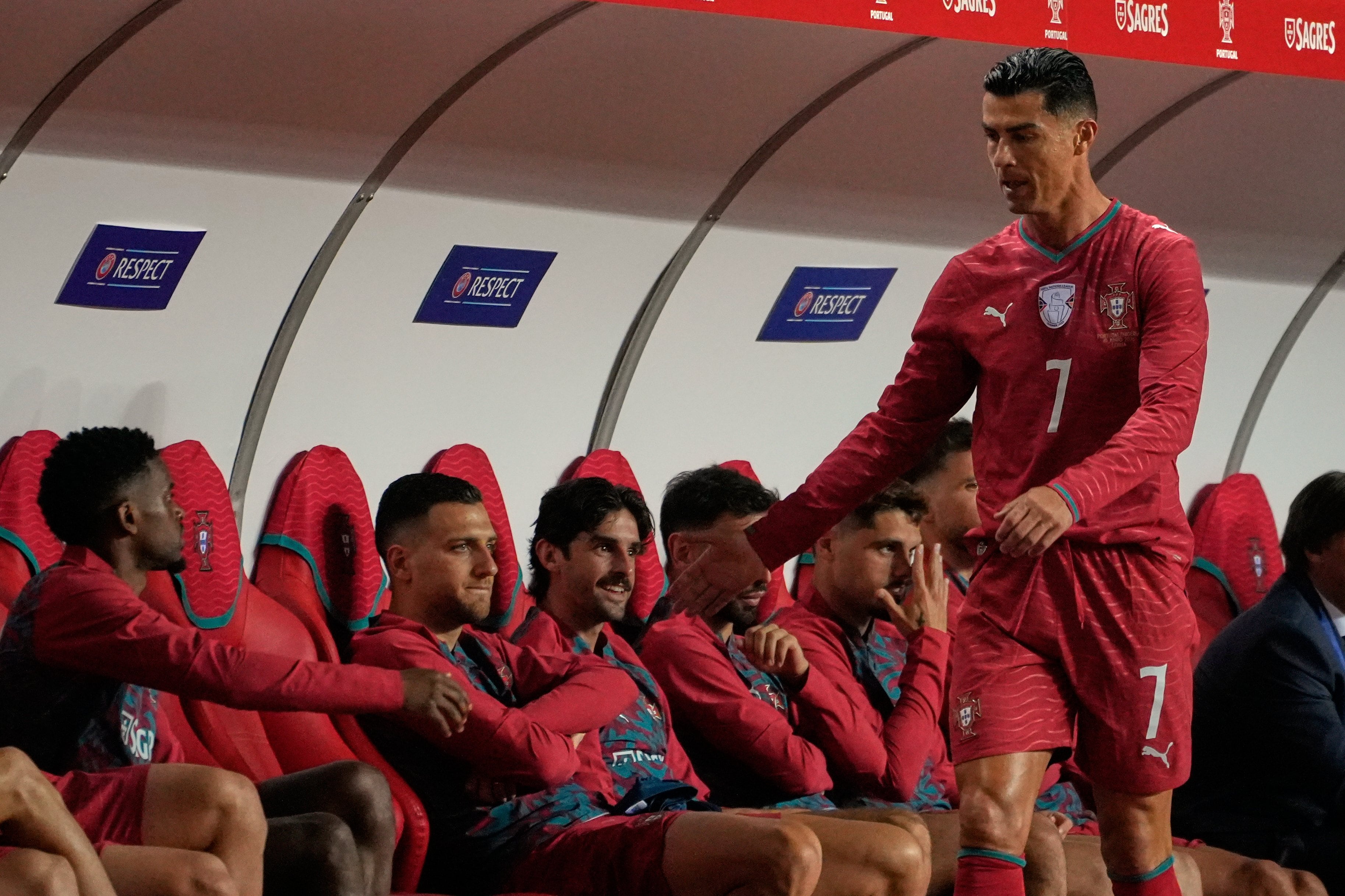 Portugal's Cristiano Ronaldo walks to the becnh after he was substituted during an international friendly soccer match between Portugal and Nigeria in Leiria, Portugal, Wednesday, June 10, 2026. (AP Photo/Ana Brigida)