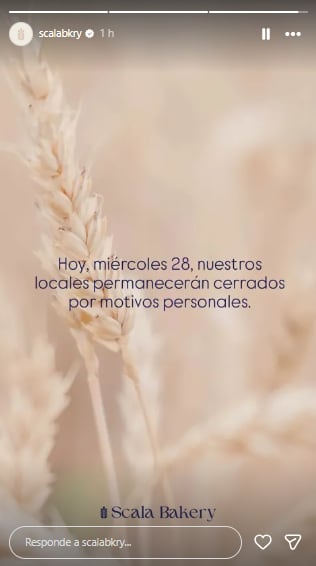 Desde la panadería de Corina Scaloni anunciaron que los locales permanecerán cerrados este miércoles (Foto: Instagram @scalabkry)