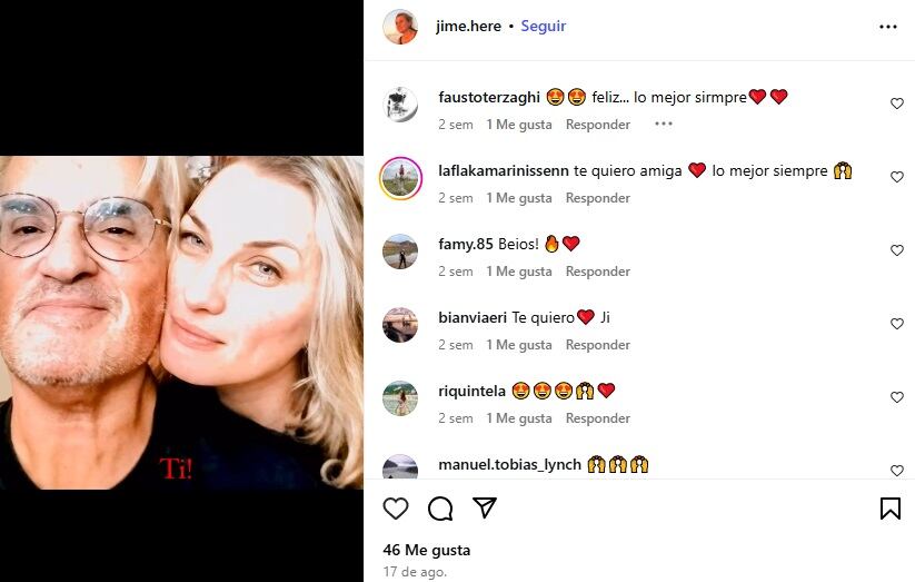 La publicación de Jimena Heredia junto Homero Pettinato (Fuente: Instagram @jime.here)