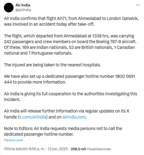 El comunicado oficial de Air India sobre el avión que se estrelló en Ahmedabad