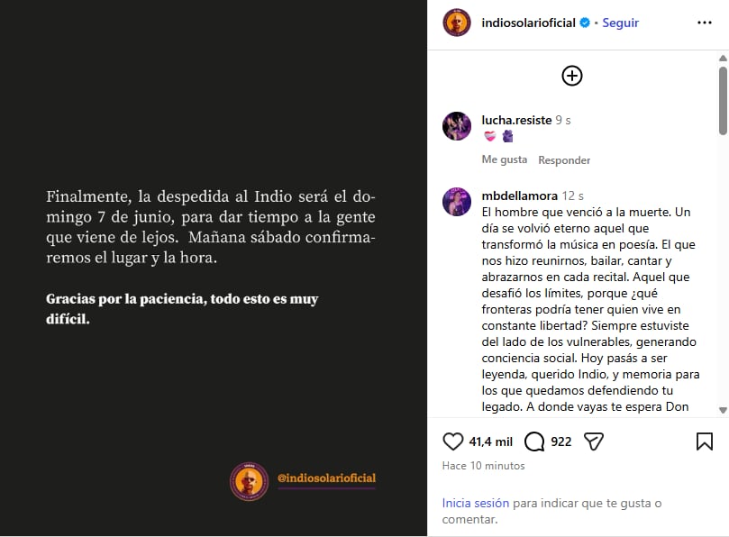 La confirmación en redes de la familia del Indio Solari sobre la despedida del cantante