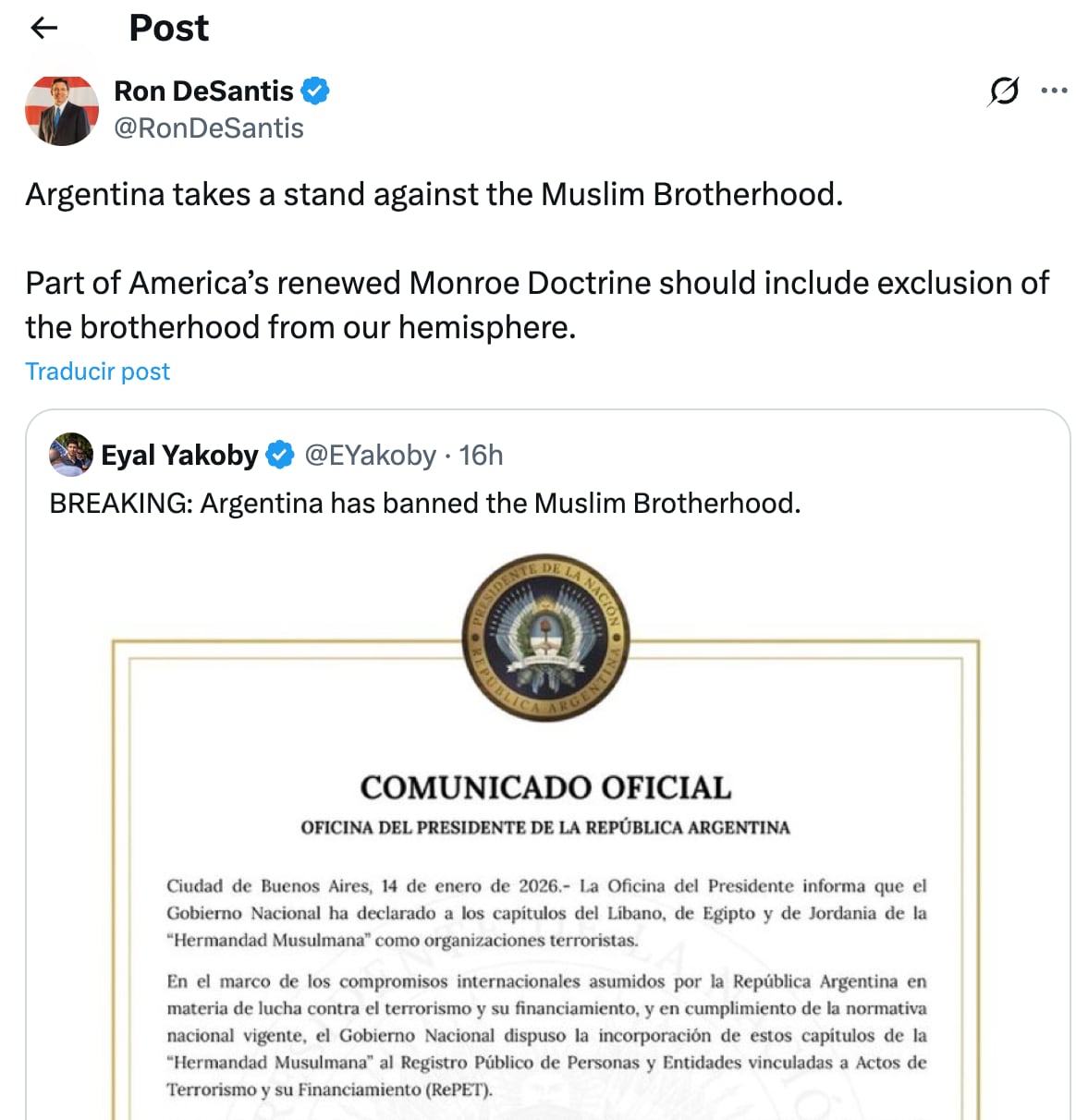 El gobernador de Florida aplaudió la medida de la administración de Milei sobre la