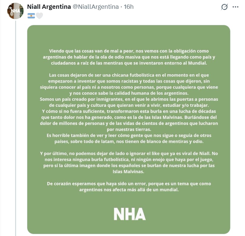El comunicado del club de fan argentino de Niall (Foto: Captura Instagram)