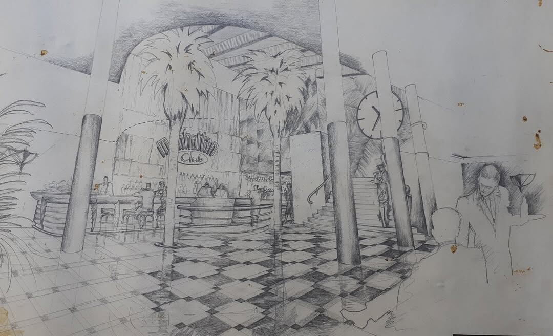 Un boceto a mano hecho por Leandro Bardach, quien proyectó el diseño arquitectónico del café, su nombre y estilo