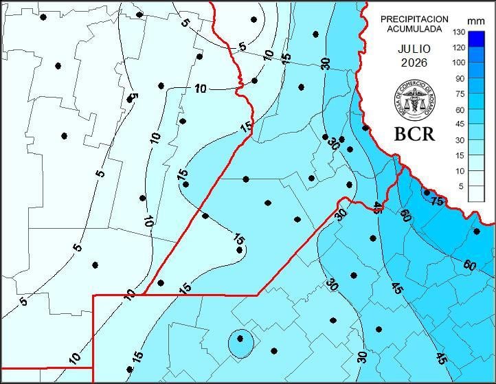 Las lluvias de julio tuvieron una distribución muy desigual en la región núcleo: mientras el oeste recibió pocos milímetros, en sectores del este los acumulados llegaron a triplicar el promedio mensual, de acuerdo con la BCR