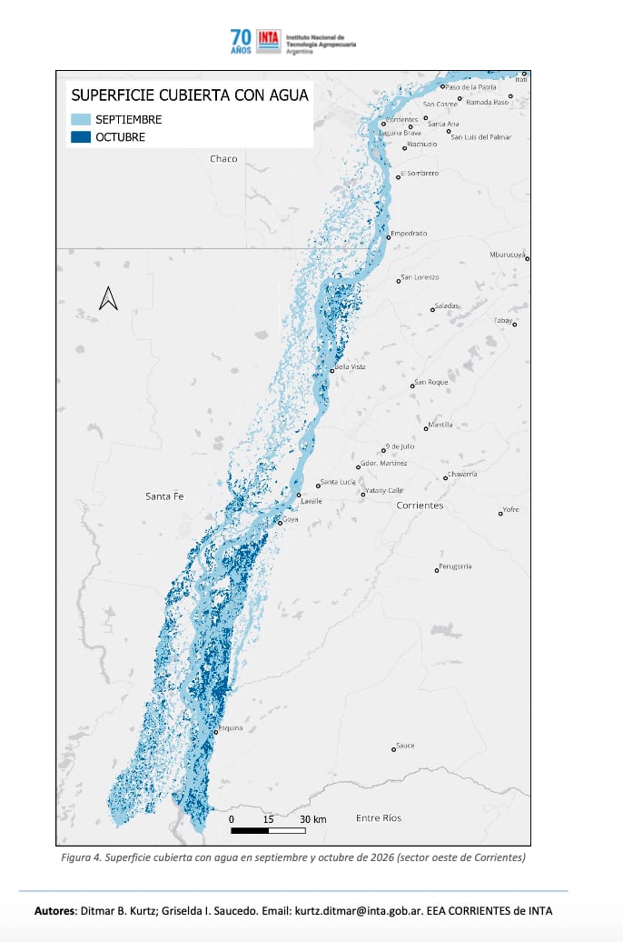 Las imágenes del INTA muestran una mayor extensión de la superficie con agua libre en distintos sectores de Corrientes; el azul oscuro corresponde a octubre y el celeste, a septiembre