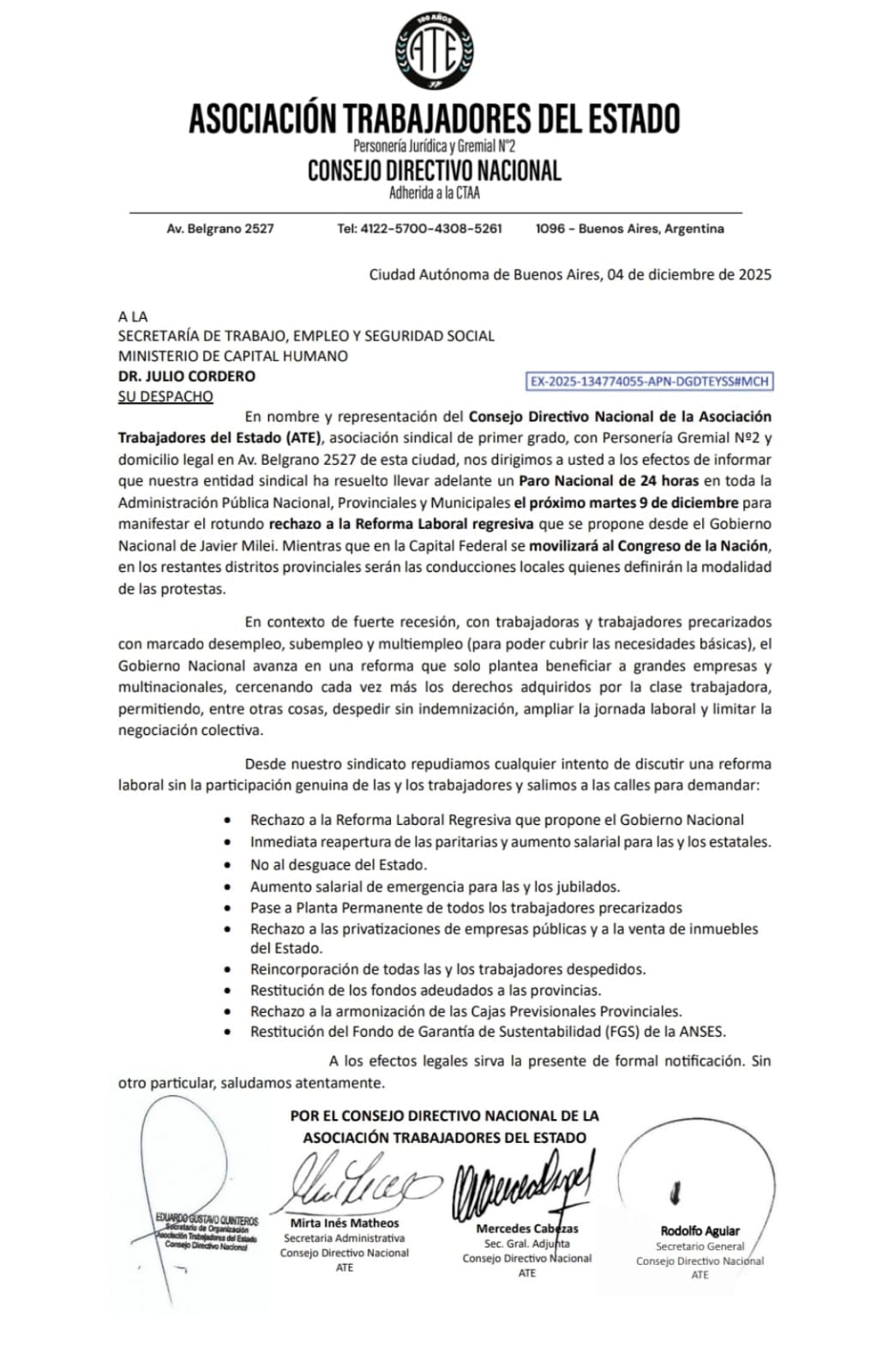La carta que ATE le envió al secretario de Trabajo, Julio Cordero, con una enumeración de reclamos