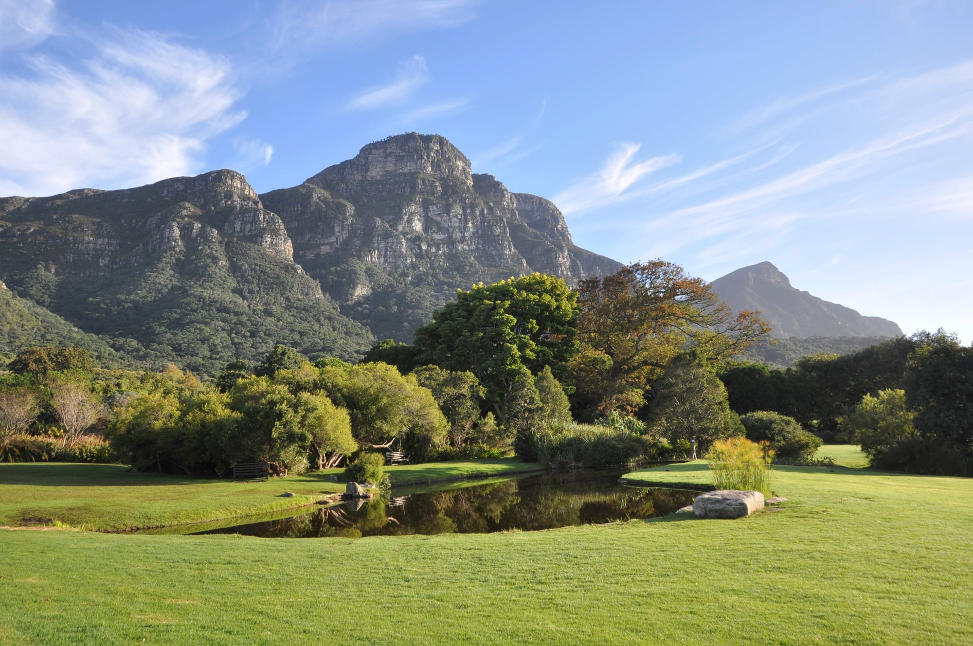 El lago principal en el Jardín Botánico de Kirstenbosch con el imponente marco de las montañas