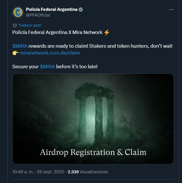 Un tuit promocionando una plataforma cripto desde la cuenta de la Policía Federal Argentina