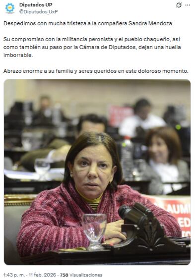 El tuit de diputados de Unión por la Patria sobre la muerte de Sandra Mendoza